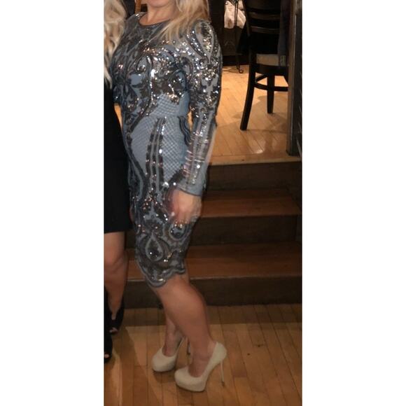 Betsy & Adam Sequin Bodycon Cocktail Dress Size 2 teal glam knee high long - Picture 5 of 16